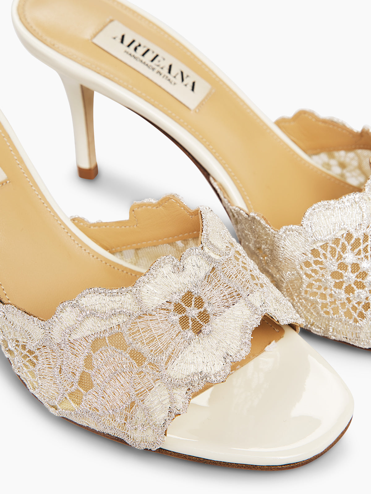 ARTEANA - Platino Mid Heel Mule With Crochet Lace - Como 75 Platino